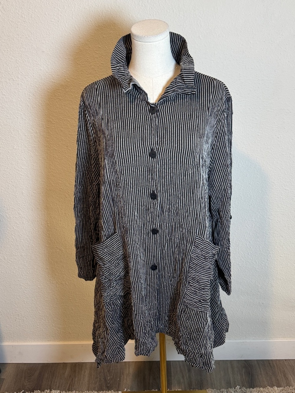 Moonlight Black & Tan Striped Button Front Asymmetrical Jacket size Large